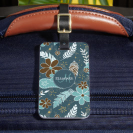 Boho fjäthers doodle blommor teal turkos (brunt) bagagebricka
