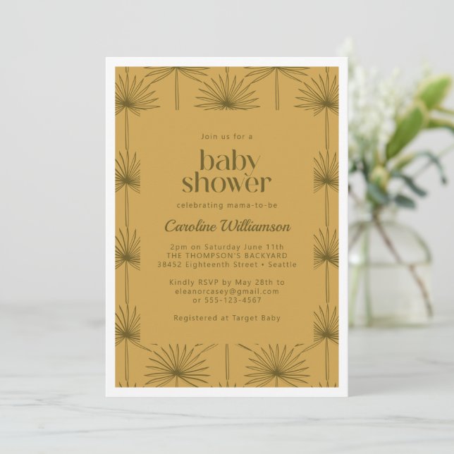 Boho Fläktpalmsblad Botanisk Mustard Bebis Shower  Inbjudningar (Stående Fram)