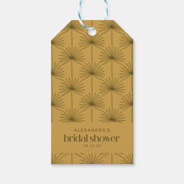 Boho Fläktpalmsblad Botanisk Mustard Bröllopsdusch Presentetikett (Framsidan)
