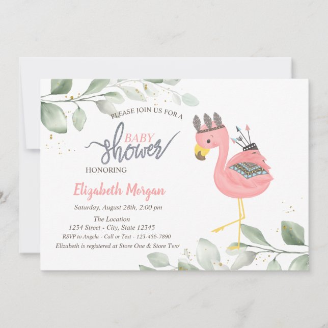 Boho Flamingo Blad Baby Shower Inbjudan (Framsida)