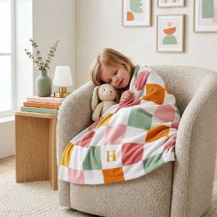 Boho flerfärgad rutig monogram fleecefilt
