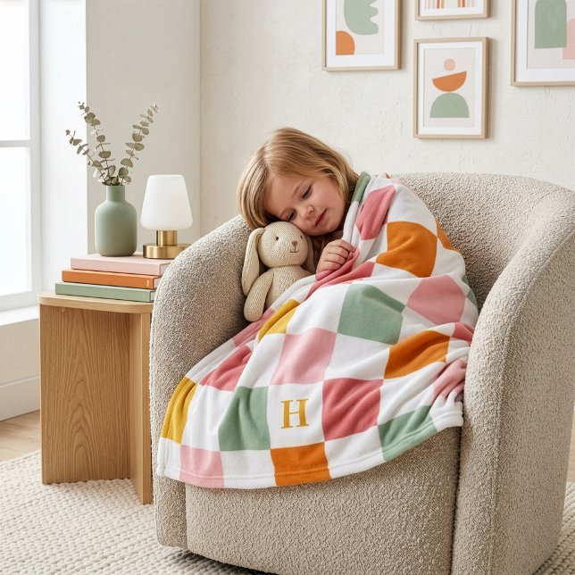 Boho flerfärgad rutig monogram fleecefilt (Skapare uppladdad)