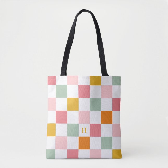 Boho flerfärgad schackbräda monogram tygkasse (Framsida)