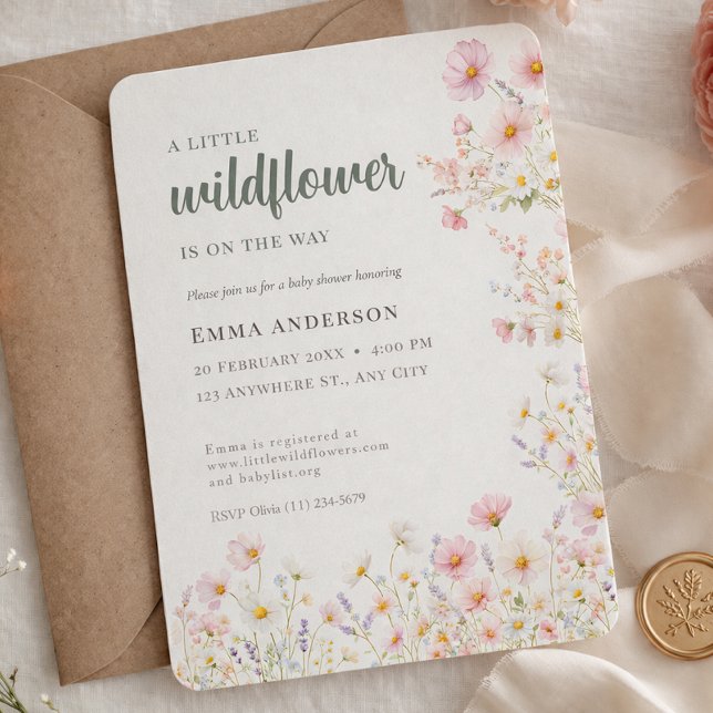 Boho Flicka Liten Vildblomma Barnkalas Inbjudningar (Boho Girl Little Wildflower Baby Shower Invitation)