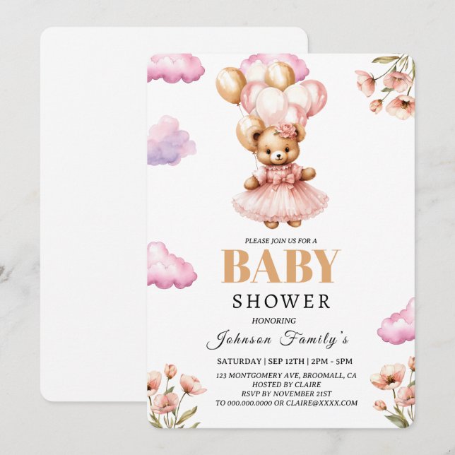 boho Flickas rosa Babyshower Inbjudan Björn (Fram/baksida)