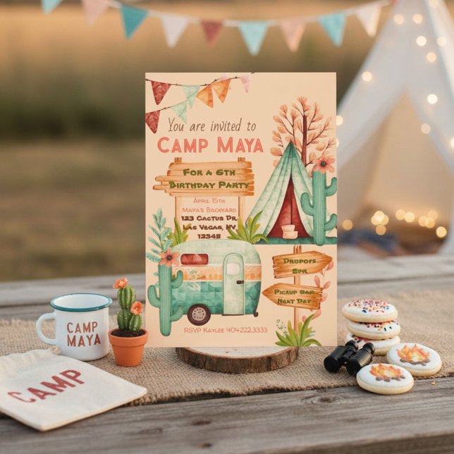 Boho-flickor camping övernattning fest inbjudan (Skapare uppladdad)