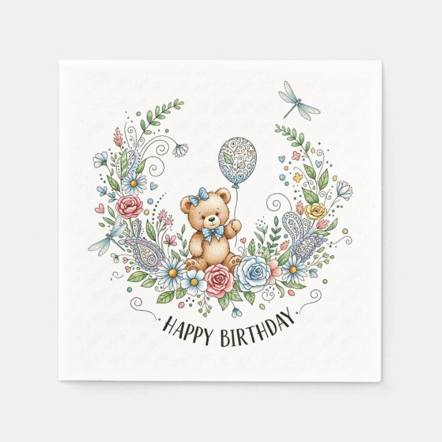 Boho floral birthday bear pappersservett (Framsidan)