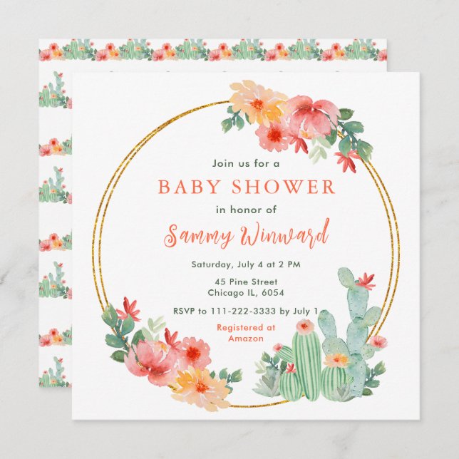 Boho Floral Cactus Baby Shower Inbjudningar (Fram/baksida)