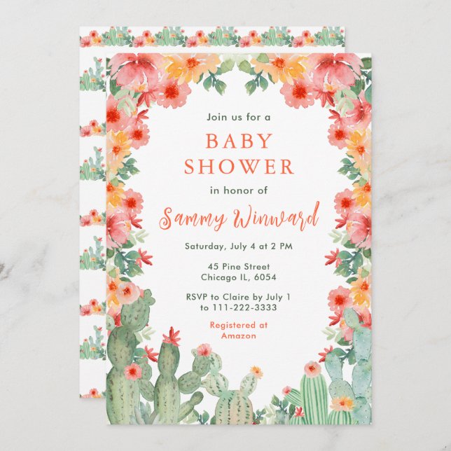 Boho Floral Cactus Baby Shower Inbjudningar (Fram/baksida)