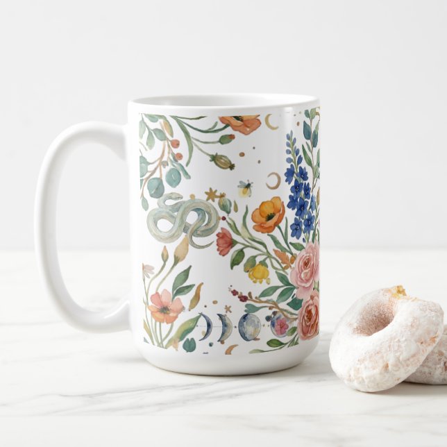 Boho Floral Celestial Moon  & Snakes Botanical Kaffemugg (Med munk)