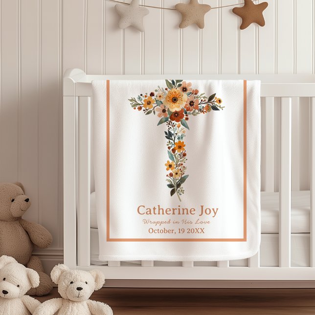 Boho Floral Cross Baptism Gift Name Baby Blankets Fleecefilt (Skapare uppladdad)
