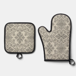Boho Floral Damask Line Art, Black on Beige