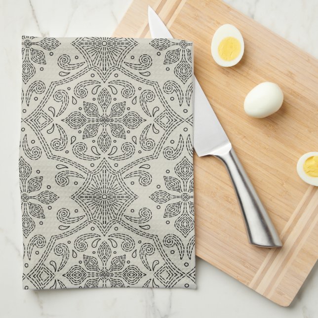 Boho Floral Damask Line Art, Black on Beige Kökshandduk (Vikt i Fjärdedel)