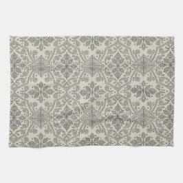 Boho Floral Damask Line Art, Black on Beige Kökshandduk