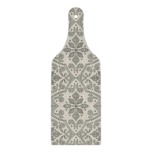 Boho Floral Damask Linje Konst, Svart på Beige (Framsidan)