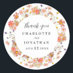 Boho Floral Fall Wedding Thank You  Runt Klistermärke<br><div class="desc">Show your gratitude in style with this Boho Floral elegant fall Wedding Thank You Sticker, designed to add a heartfelt and personal touch to your autumn celebration. Featuring a beautiful arrangement of hand-painted wildflowers, this sticker captures the cozy charm of a boho garden meadow in warm fall hues like burnt...</div>