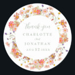 Boho Floral Fall Wedding Thank You  Runt Klistermärke<br><div class="desc">Show your gratitude in style with this Boho Floral elegant fall Wedding Thank You Sticker, designed to add a heartfelt and personal touch to your autumn celebration. Featuring a beautiful arrangement of hand-painted wildflowers, this sticker captures the cozy charm of a boho garden meadow in warm fall hues like burnt...</div>