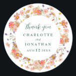Boho Floral Fall Wedding Thank You  Runt Klistermärke<br><div class="desc">Show your gratitude in style with this dark green and white Boho Floral elegant fall Wedding Thank You Sticker, designed to add a heartfelt and personal touch to your autumn celebration. Featuring a beautiful arrangement of hand-painted wildflowers, this sticker captures the cozy charm of a boho garden meadow in warm...</div>