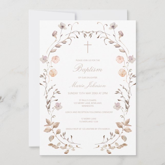 Boho floral girl Baptism invitation template Inbjudningar (Framsida)