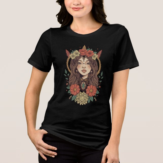 Boho Floral Girl Svart T-Shirt (Framsida)