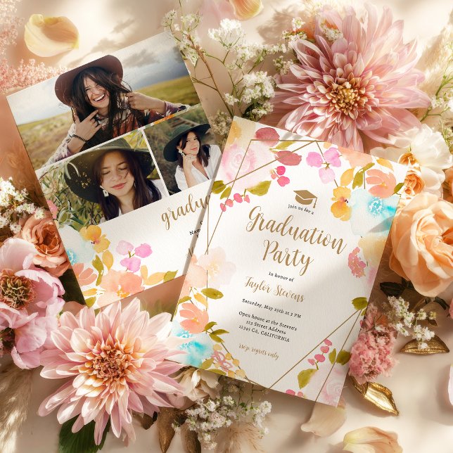 Boho Floral Gold Geometric Modern Photo Graduation Inbjudningar (Boho Floral Gold Geometric Modern Photo Graduation Invitation)