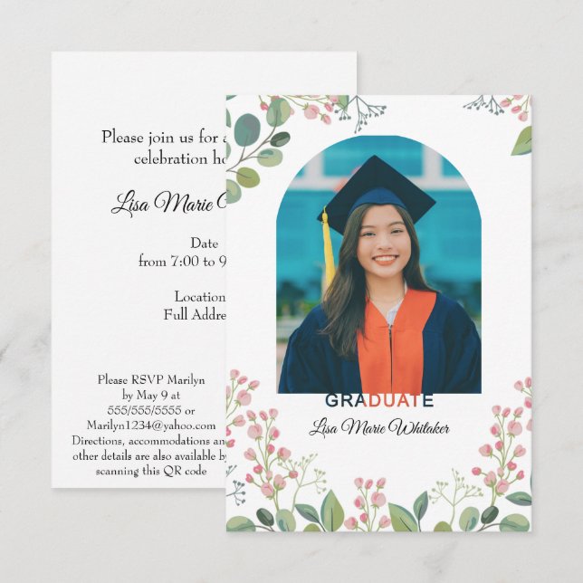 Boho Floral Graduation Party Invitation (Fram/baksida)