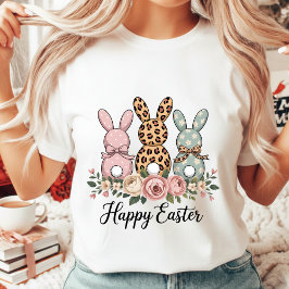 Boho Floral Happy Easter Bunnies Leopard Polka Dot T Shirt