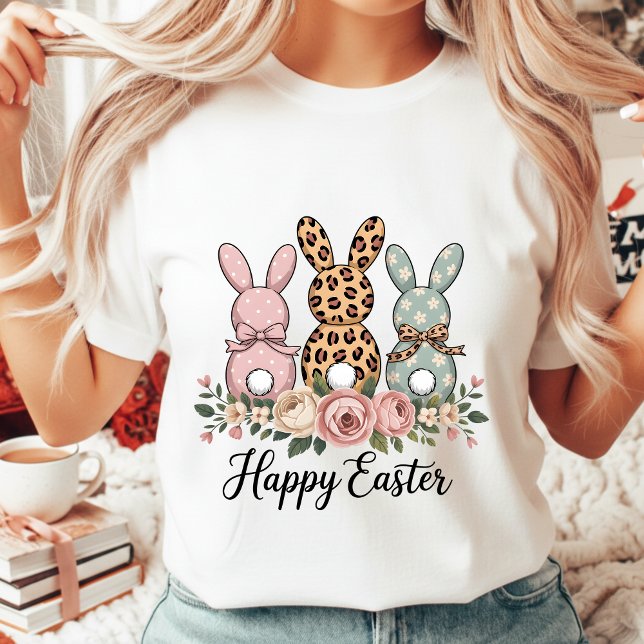 Boho Floral Happy Easter Bunnies Leopard Polka Dot T Shirt (Skapare uppladdad)