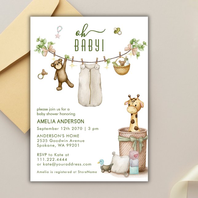 Boho Floral Jungle Clothline Animals Baby Shower  Inbjudningar (Skapare uppladdad)