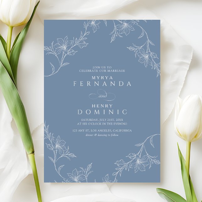 Boho Floral Line Art Dusty Blue Wedding Inbjudningar (Skapare uppladdad)