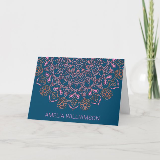 Boho Floral Mandala Blue Personalized Stationery Tack Kort (Framsida)