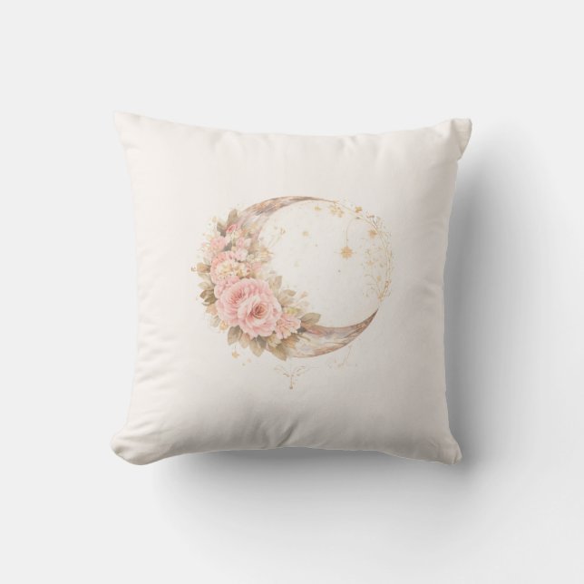 Boho Floral Moon | Minimalistisk estetisk prydnads Kudde (Framsida)