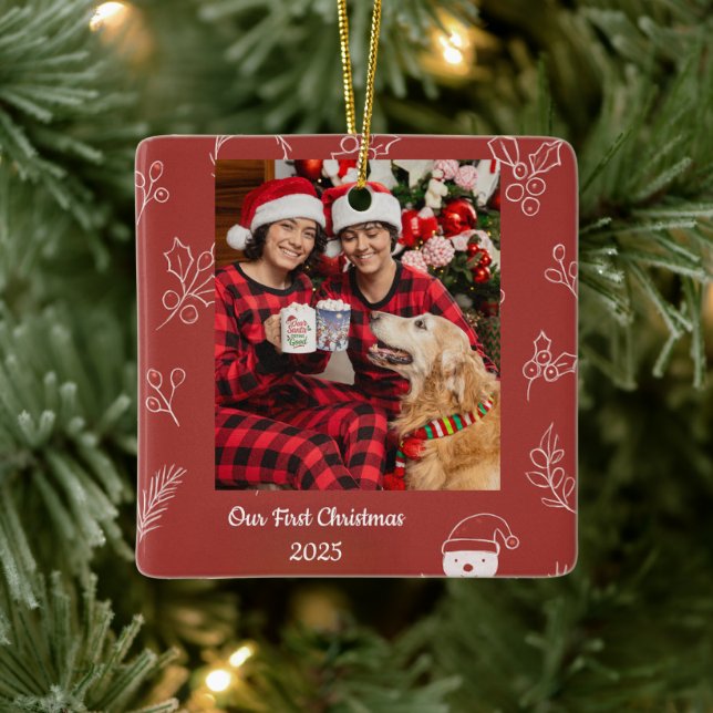 Boho Floral Our First Christmas 2025 Personalized Julgransprydnad Keramik (Träd)