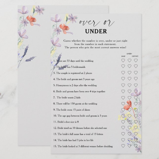 Boho Floral över eller under bröllopsdusch spel (Fram/baksida)