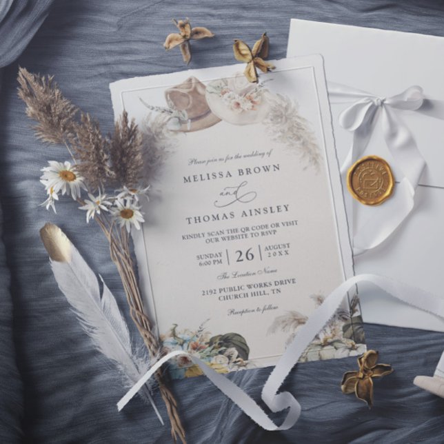 Boho Floral Pampas Grass Rustic QR Code Wedding Inbjudningar (Skapare uppladdad)