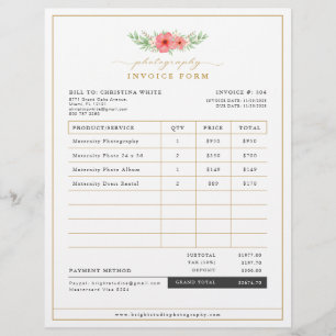 Boho Floral Photography Business Fvoice-formulär Reklamblad
