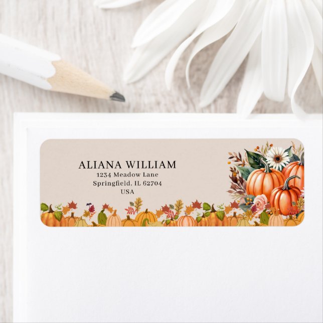 Boho Floral Pumpa Baby Shower Returadress Etikett (Insitu)