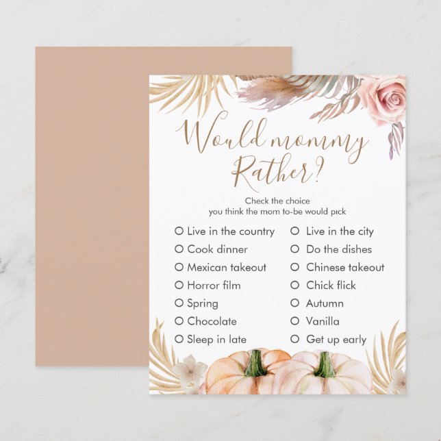 Boho Floral Pumpkin Höst Baby Shower Anpassat Spel (Fram/baksida)