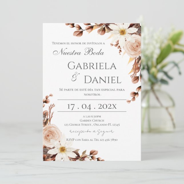Boho Floral Spanish Wedding Invitation Inbjudningar (Stående Fram)