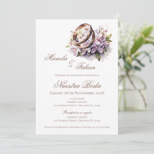 Boho Floral Spanish with ring Wedding Inbjudningar (Stående Fram)
