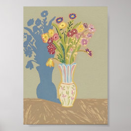 Boho Floral Still Life with Blue Shadow Modern Fol Poster