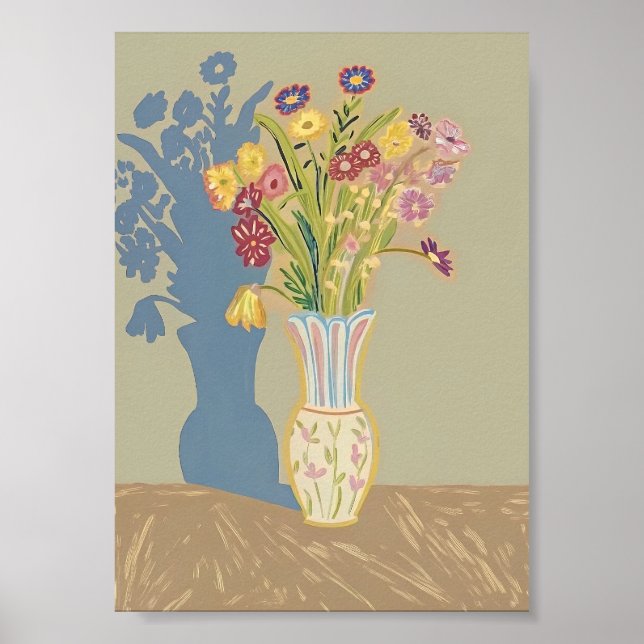 Boho Floral Still Life with Blue Shadow Modern Fol Poster (Framsidan)