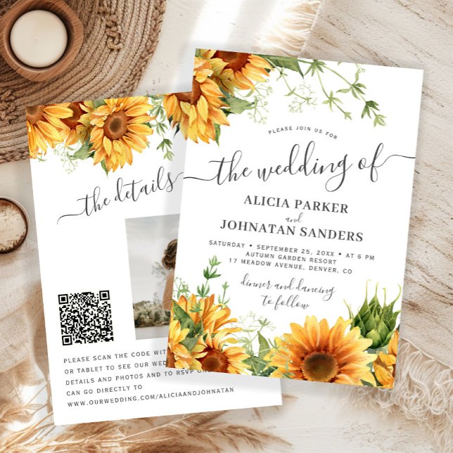 Boho floral sunflower black and white wedding inbjudningar (Skapare uppladdad)