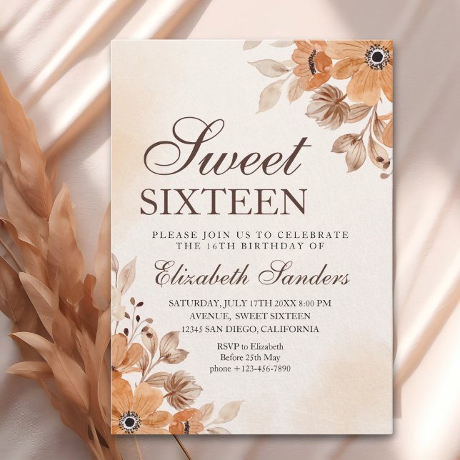 Boho Floral Sweet Sixteen Birthday  Inbjudningar (Skapare uppladdad)