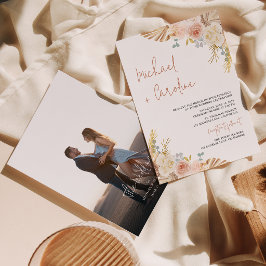 Boho Floral Terracotta Pampas Photo Script Wedding Inbjudningar