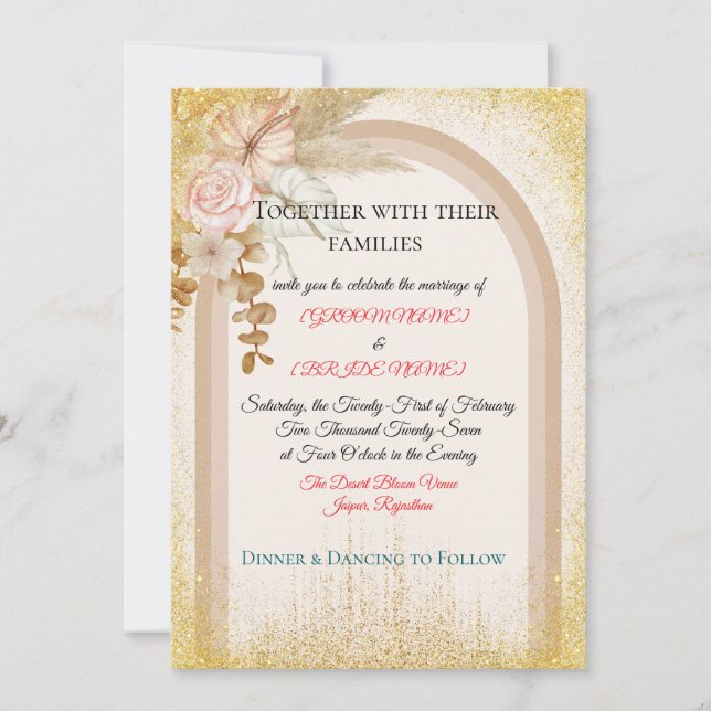 Boho Floral Wedding Invitation with Gold Sparks Inbjudningar (Framsida)