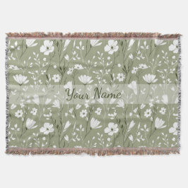 Boho Floral Wildflowers Sage Green Personalized Filt