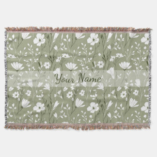 Boho Floral Wildflowers Sage Green Personalized Filt