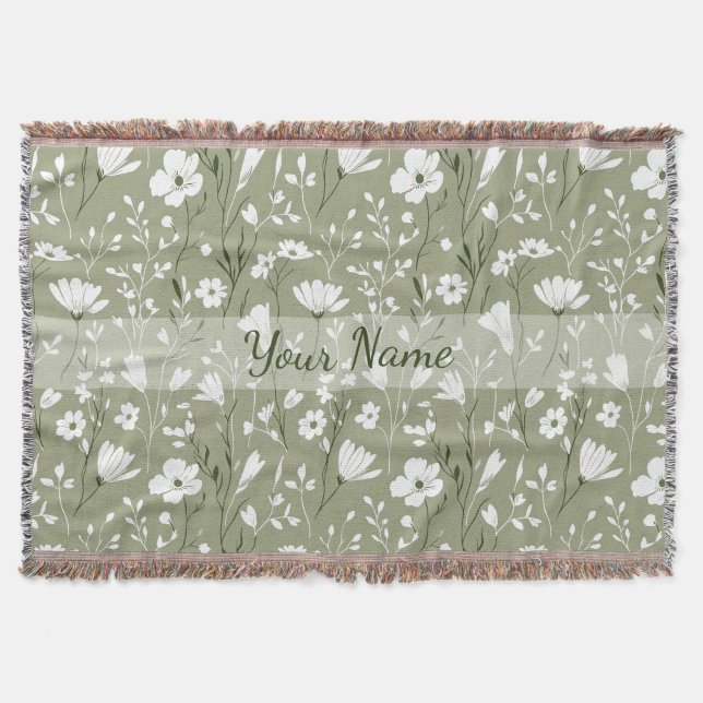 Boho Floral Wildflowers Sage Green Personalized Filt (Framsidan)