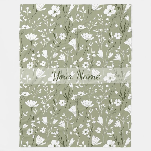 Boho Floral Wildflowers Sage Green Personalized  Fleecefilt (Framsidan)
